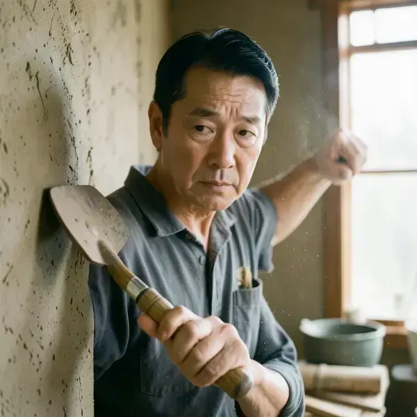 職人が和鎌（こぐわ）で左官仕上げをする様子