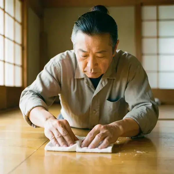 職人が木の床に亜麻仁油を塗布している様子